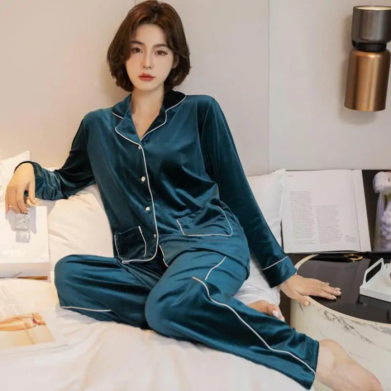 

Lapel Pajamas Set Velour Lady Nightwear Button-down Soft 2PCS Shirt&Pants Autumn Velvet Pyjamas Home Clothes Casual Nightwear