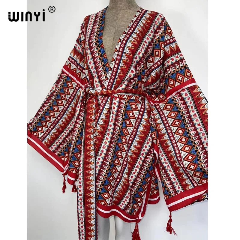 WINYI 2021 ameryka wiosna kobiety Cardigan stitch szata koktajl sexy Boho Maxi afryki wakacje rękaw w kształcie skrzydła nietoperza jedwabny szlafrok