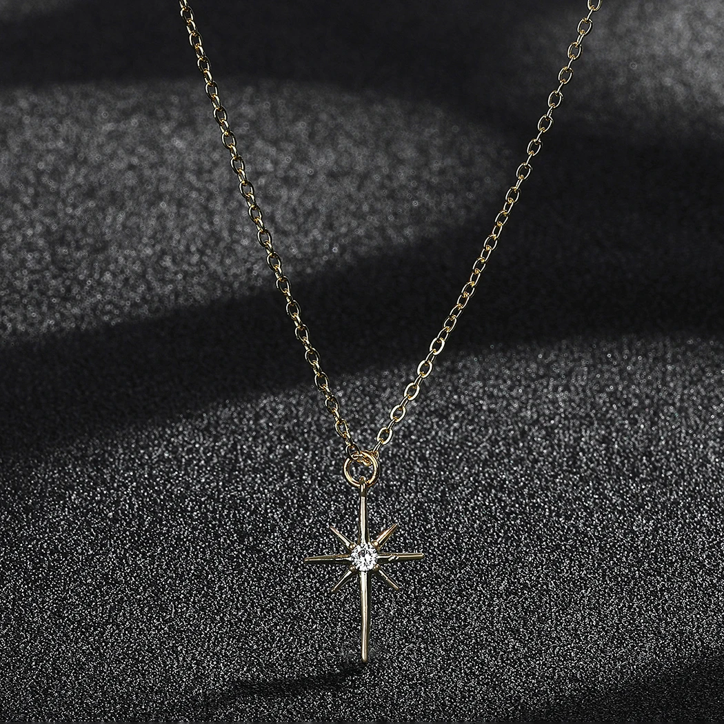 Shining Crystal North Star Pendant Necklace for Women Girls Stainless Steel Cross Stars Charm Neck Chain Jewelry Statement Gifts