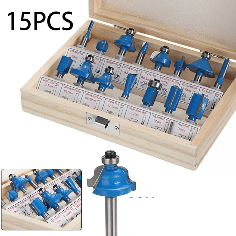 15pcs/set blue Woodworking Milling Cutters 6.35mmShank Carbide Router Bit For Wood Cutter Engraving Cutting Tools