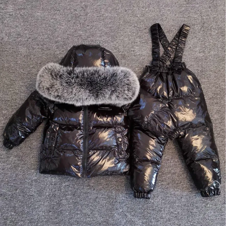 New Winter Thicker Children Down Jacket Overall Suit Big Real Fur Collar Kids Ski Suit Boys Girls Warm Jacket Silver ws1876