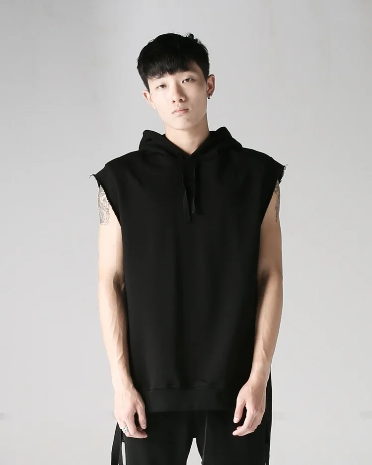 Spring and summer dark original trend brand European and American street casual webbing slit sleeveless vest hooded  men'