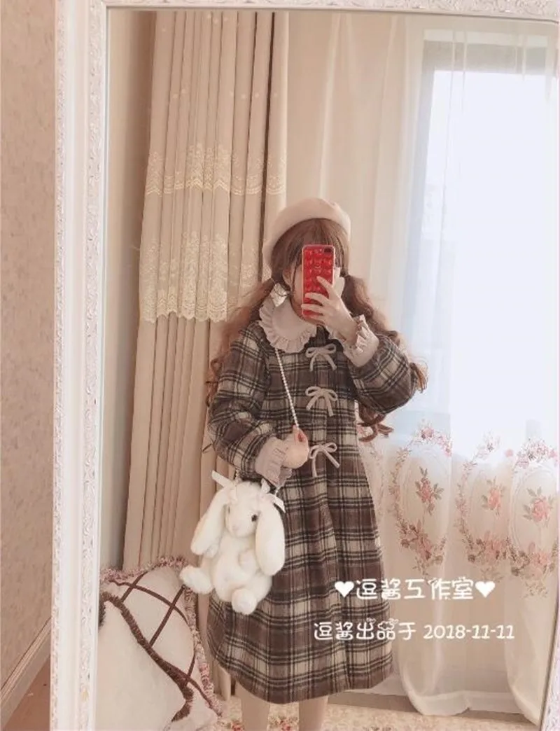 

Winter vintage lattice sweet lolita overcoat peter pan collar bowknot puff sleeve victorian coat kawaii girl gothic lol