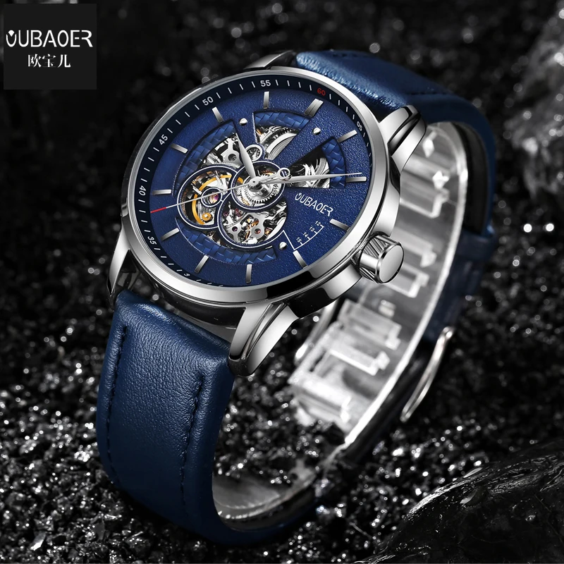 

OUBAOER Fashion Blue Leather Wristwatches Mens Mechanical Skeleton Watch Top Brand Luxury Male Automatic Clock Relogio Masculino