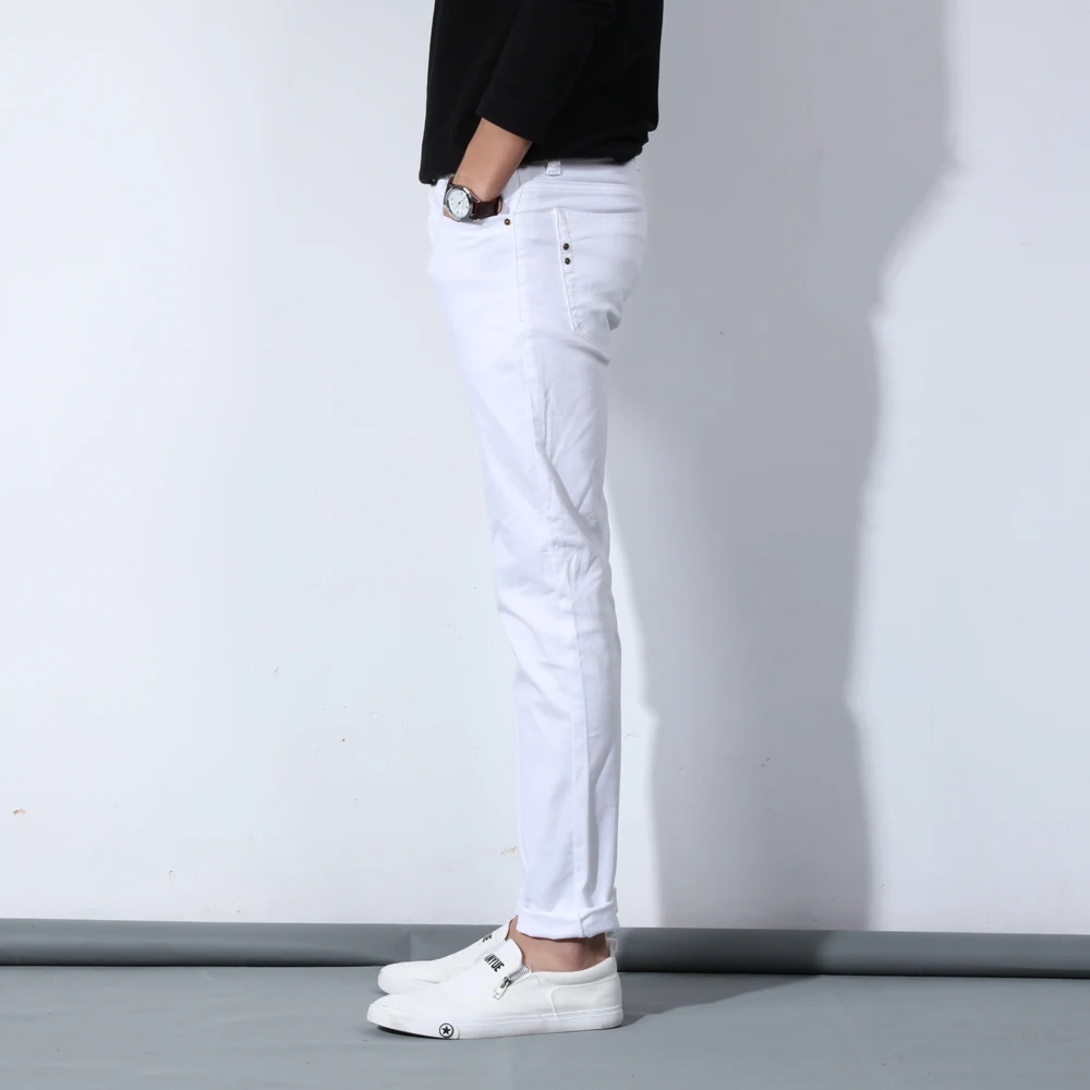 2020 New Autumn Men\'s Pure White Cotton Jeans Fashion Casual Slim Stretch Pants Male Brand Clothes