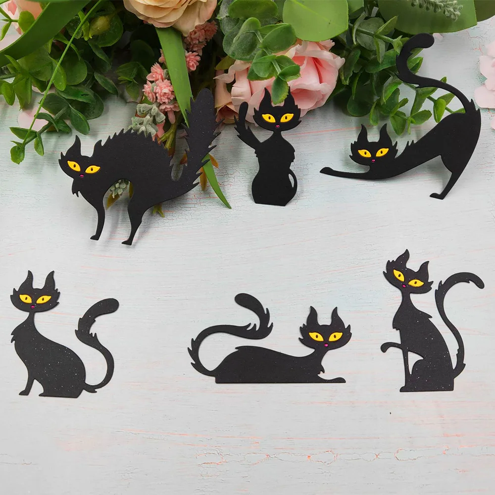 6Pcs Black Cat Metal Cutting Dies Halloween Set Stencil For DIY Scrapbooking Card Craft Decorative Embossing