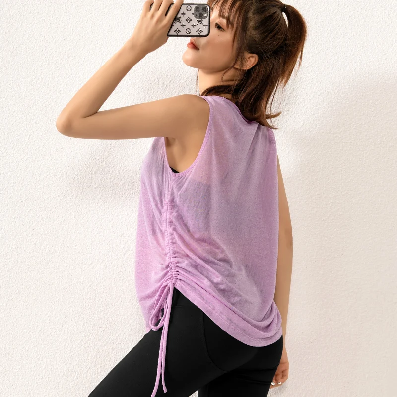Kadınlar Yoga gömlek gevşek ince See-through spor yelek hızlı kuru kolsuz T-shirt spor Fitness koşu tankı üstleri İpli bluz
