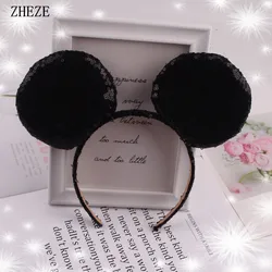 Thicker 4'' Glitter Sequins Big Black Mouse Ears Headband Kids Trendy Head Hoop Girls Women Party Festival DIY Hair Accessories