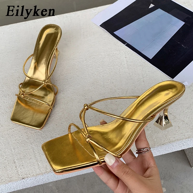 Eilyken 2024 New Summer Gold Slipper Low Heel Slides Female Peep Toe Square Heel Sandal Vacation Women Flip Flops Mujer Shoes