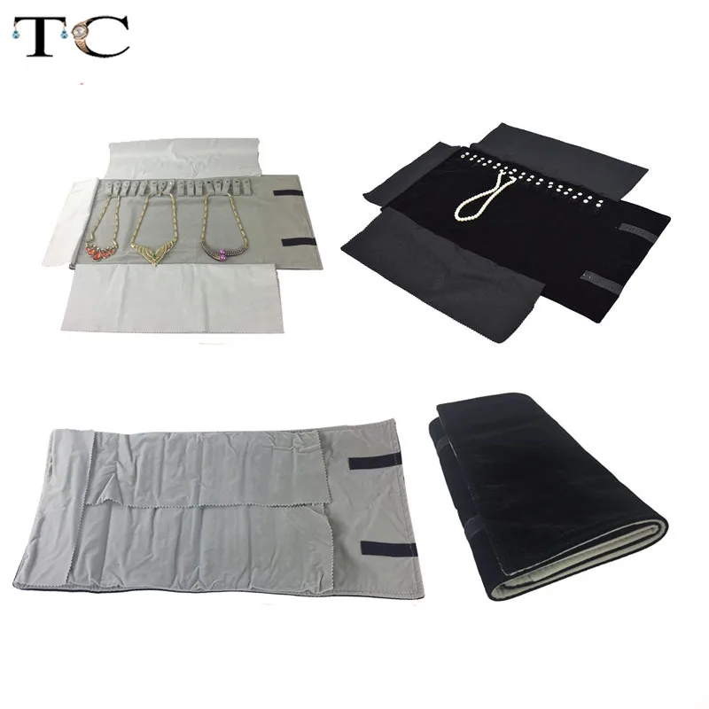 

Wholesale Jewelry Roll Bag Portable Carring Case Black Velvet Organizer Multi Functional Multiple strips Necklace Storage Bag