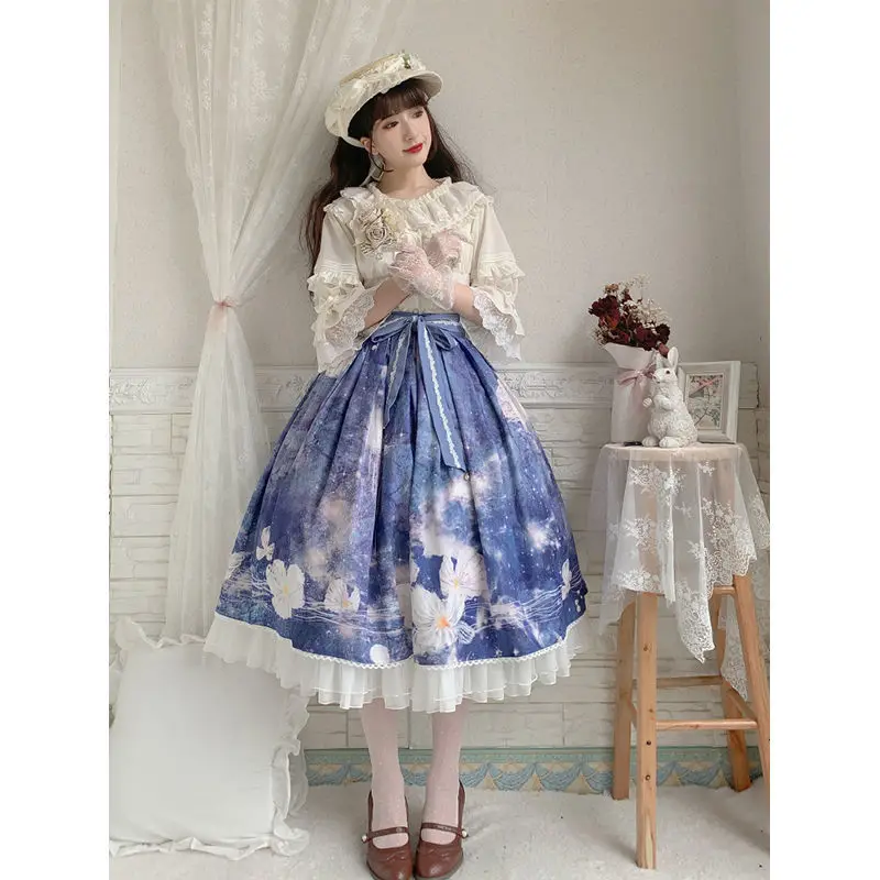 Saia com fio/sem fio dormindo na flor sonho sk terno saia com cinto lolita saia lolita vestido de fadas kei kawaii roupas