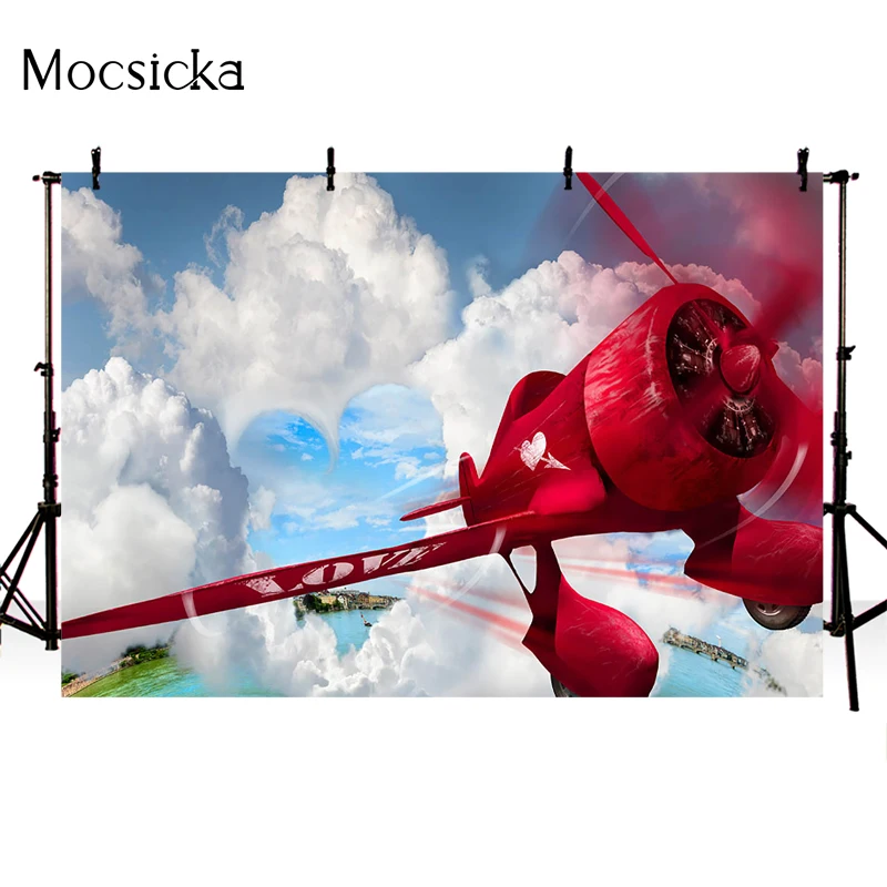 Mocsicka Valentine's Day Theme Photography Background Love Red Airplane Decoration Props Baby Shower Photo Backdrops Banner