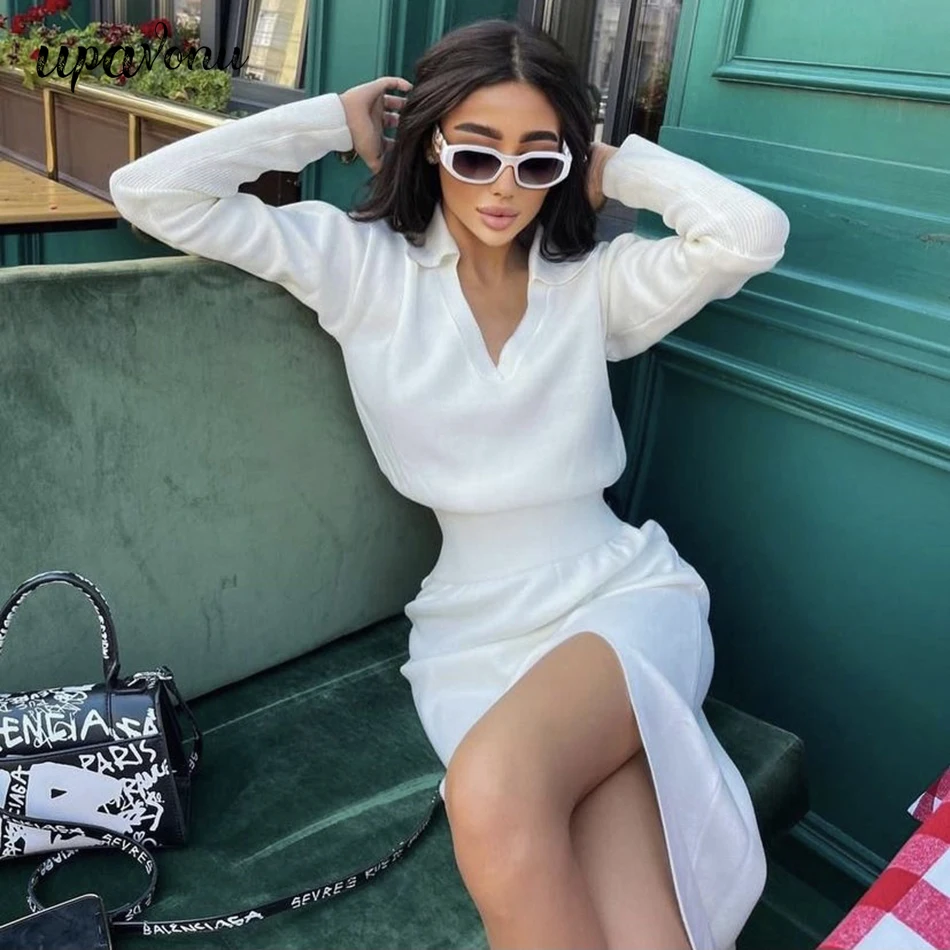 

Free Shipping 2024 Women's Casual Knit Skirt Set Lapel Long Sleeve Turtleneck Short Knit Sweater & Split Midi Skirt 2-Piece Sets