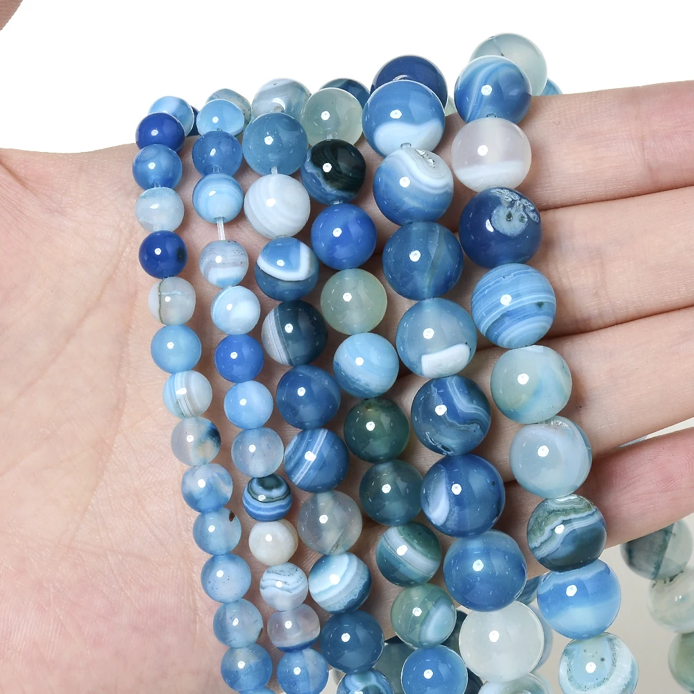 Translucent Blue Agates Beads Smooth Stone Beads Natural Round Loose Beads for Jewelry Making Bulk DIY Bracelet 4/6/8/10/12 MM