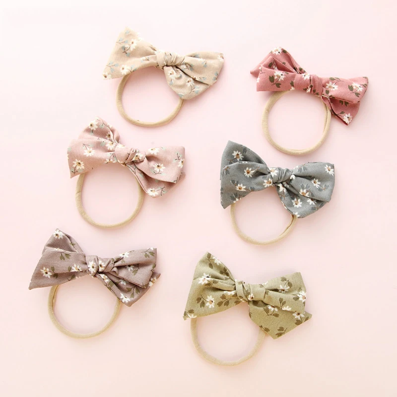 Baby Girls Bowknot Nylon Headband Newborn Elastic Flower Print Headwear Accessories Hair Ring Child Kids Hair Band Gifts