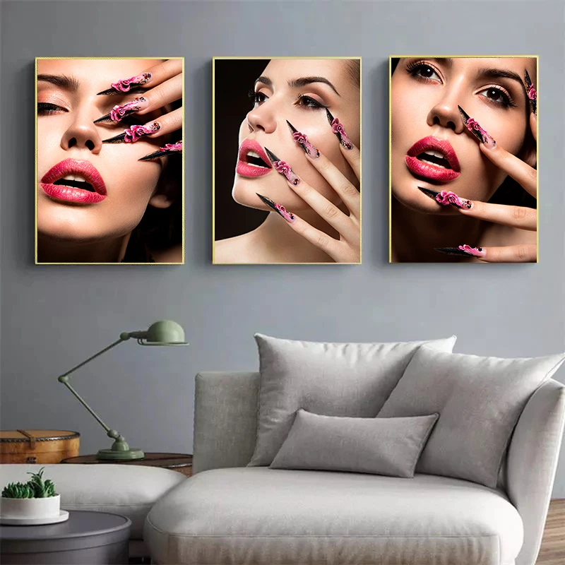 Lipstick Nail Art Fashion Poster Woman Makeup Print Canvas Art Painting Wall Modern Image Living Room Girl Home Decoration