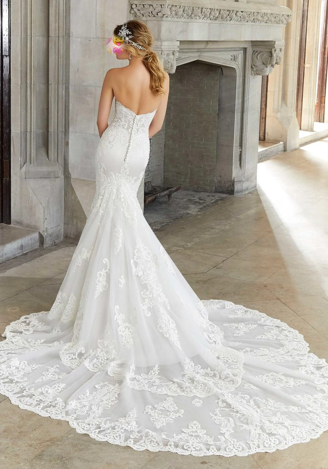 Vestido de novia de dos capas con apliques de organza, vestido de novia de sirena con escote Corazón, Blanco, en Stock