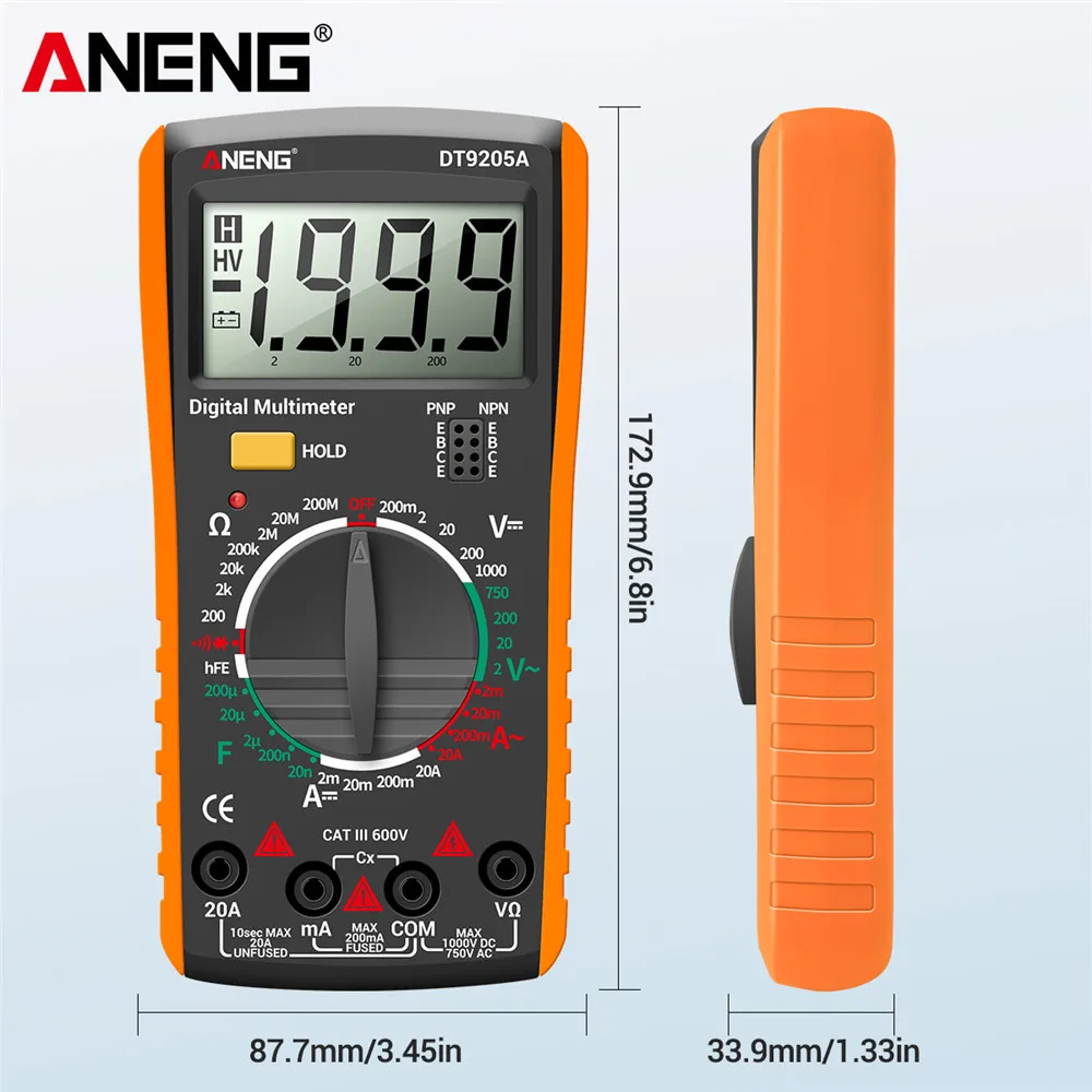 มัลติมิเตอร์แบบดิจิตอล Professional Ic TesterAC/DC เครื่องทดสอบ HFE Ohm ความจุ Testert เครื่องมือ DT9205A