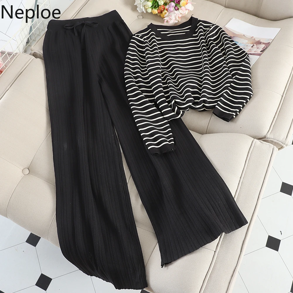 Neploe Two Piece Outfits for Women Striped Long Sleeve Tshirt+high Waist Wide Leg Pants Korean Fall Clothes Suit 2 Piece Set