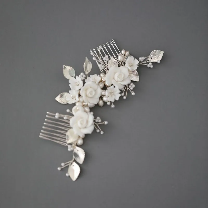 

Floralbride Handmade Freshwater Pearls Ceramic Flower Bridal Hair Comb Wedding Headdress Hair Accessory Women Girls Hair Jewelry