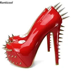 Ronticool Women Cosplay Pumps Studded Sexy Stiletto Heels Round Toe Pink Fuchsia Black Night Club Shoes Women US Plus Size 5-13