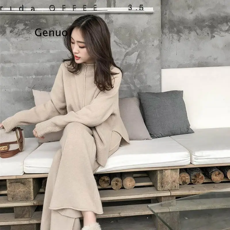 Autumn knitting wide-legged pants suit two-piece women new winter cashmere sweater wide-legged pants western style suits