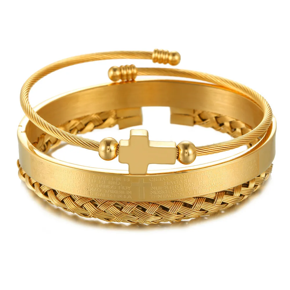 

Luxury Cross Stainless Steel Bracelet Banle Set Men Jewelry Cross Charm Open Brangle Carving Spanish Scripture Pulseira Bileklik