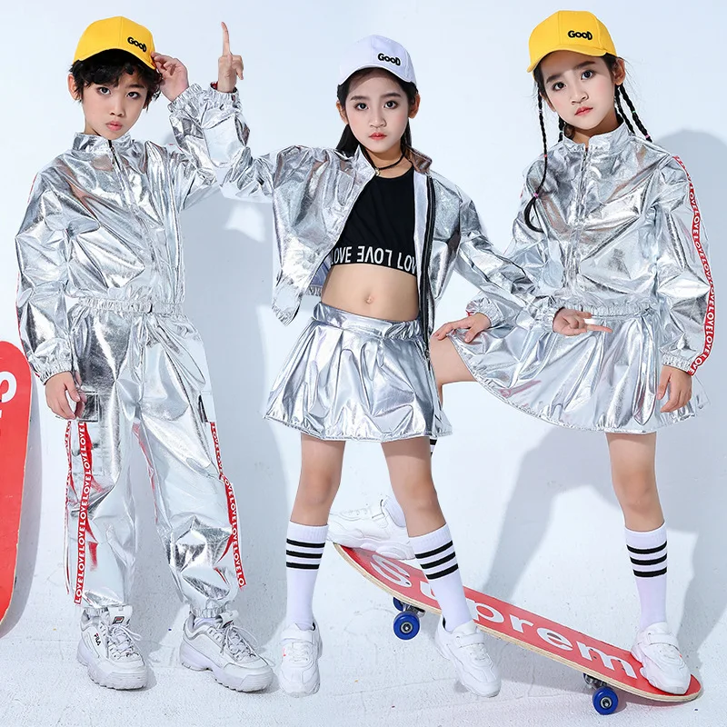 Kid's Hip-Hop Dance Costumes Boy Girl Bright Leather PU Silver Color Long Sleeve Jacket Coat Trousers Suit Street Dance Costume