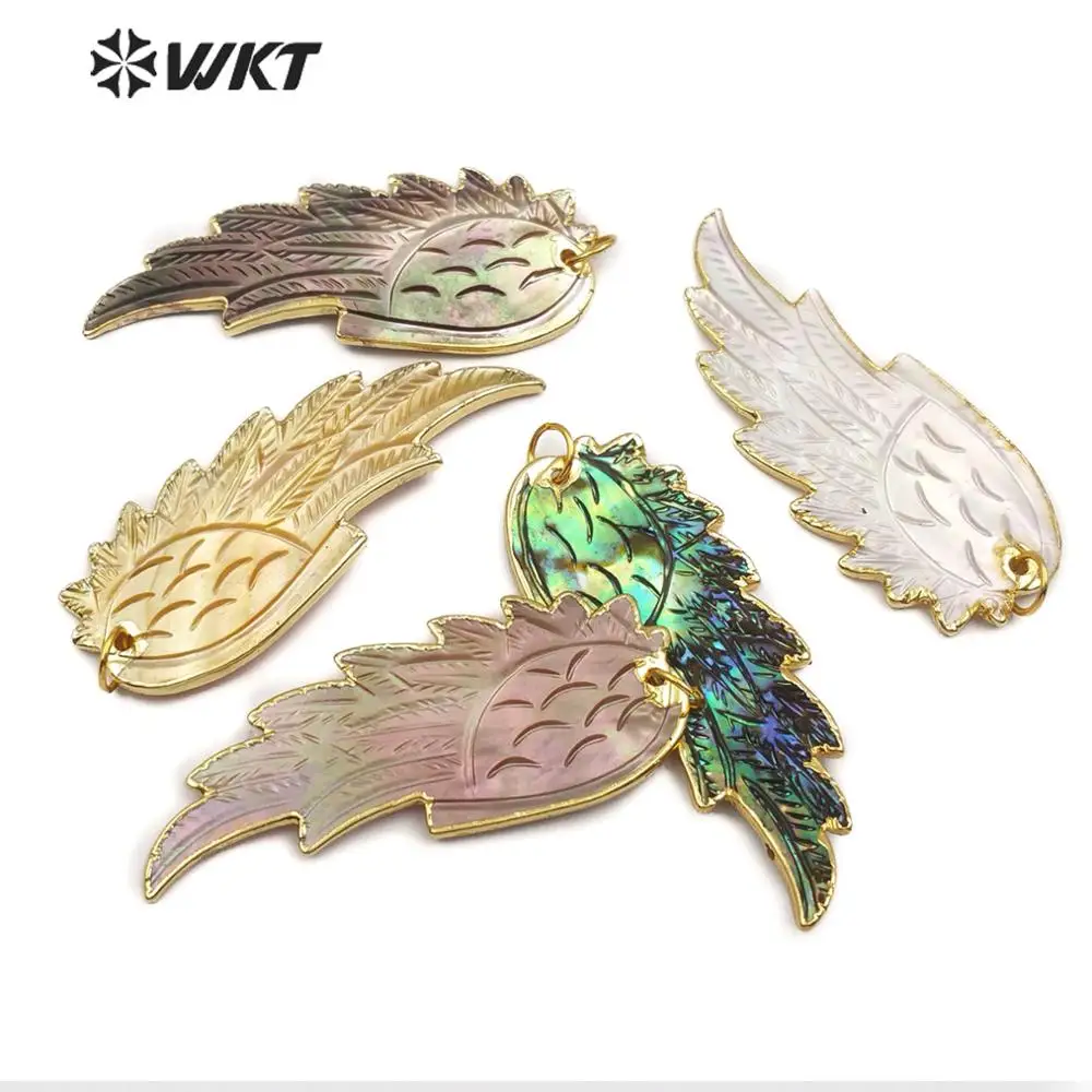 WT-P853 Wholesale 10pcs abalone shell pendant gold trim pendant jewelry mixed color shell wing feather pendants in match