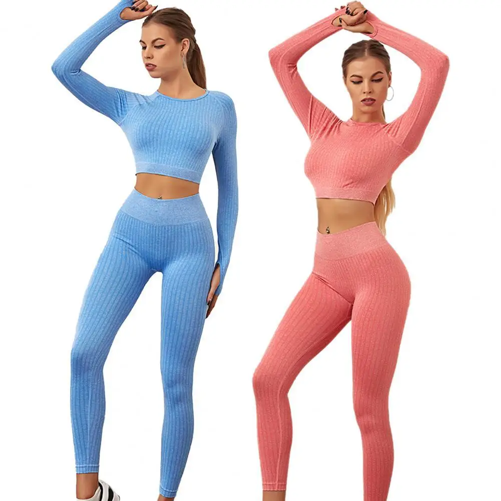 1 Set Stripes Fadeless Odor Resistant Ribbed Outfits Long Sleeves with Legging Yoga Casual Suit for Sport