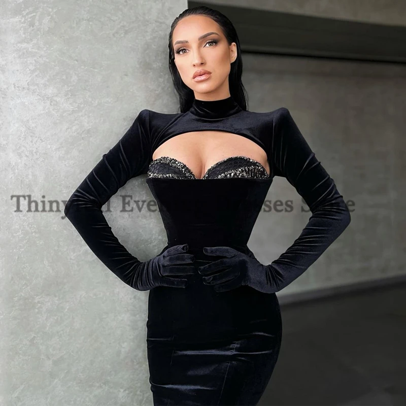 Thinyfull Arabic Mermaid Prom Evening Prom Dress Black Velvet Party Dresses 2021 Long Sleeve Beadings Floor Length Cocktail Gown