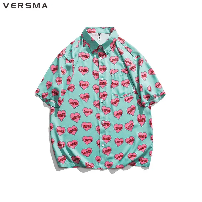 

VERSMA Korean Harajuku Ulzzang Heart Printed Couple Shirt Men Women Blouse Summer Streetwear BF Hawaiian Shirt Men Dropshipping