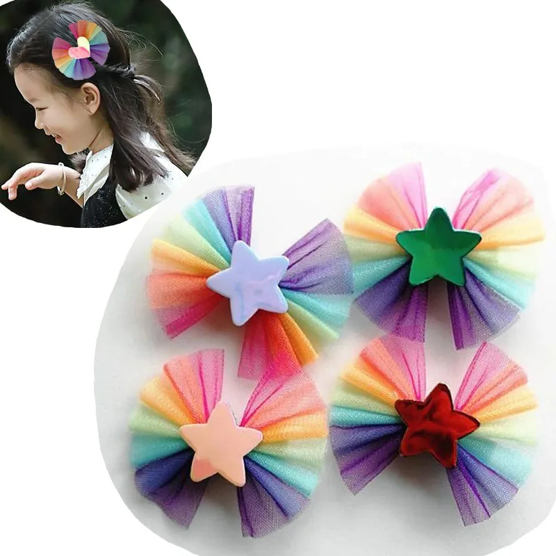 2022 NEW Rainbow Net Yarn Bow Hairpin Symphony star heart 3.8INCH HAIR BOWS FOR Baby Girls Children's bow Hairpin Hair Clips