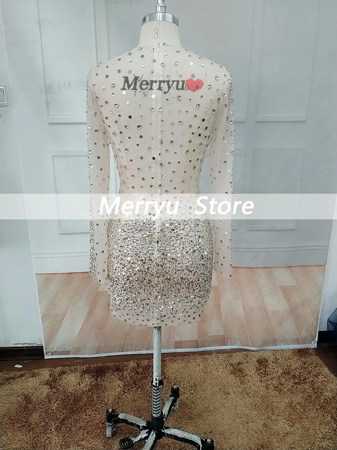 Short Prom Dress Long Sleeves Sexy Illusion Design Heavy Beading Crystal Sheath Mini Graduation Party Gown