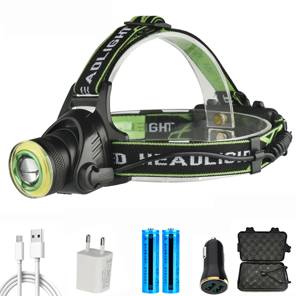 D2 T6+ COB Led Headlamp Zoom Headlight 18650 Battery USB Rechargeable for Fishing Head Flashlight Lamp Torch Waterproof Light