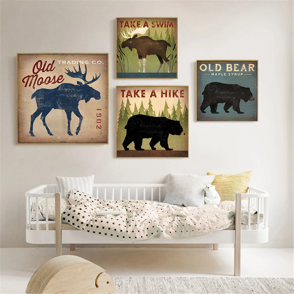 Old Elk Bear Bull Gable Art Painting Living Room Home Decoration Retro Canvas Picture Boat Steering Wheel Anchor Painting Poster