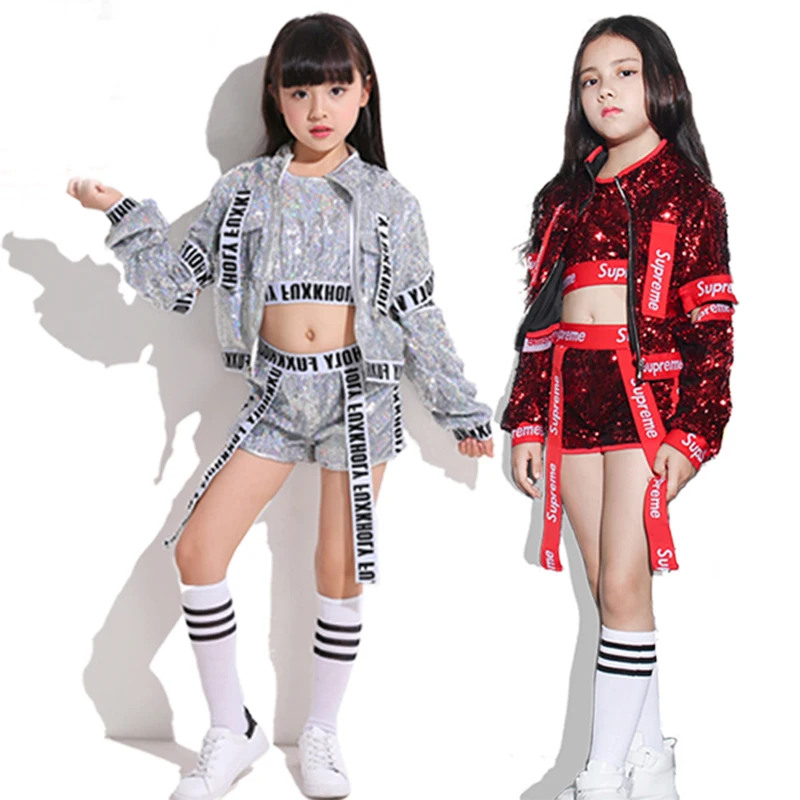

Детские костюмы для джазовых танцев, топ с блестками, короткое пальто, 3 предмета, одежда для уличных танцев для девочек и мальчиков, детские костюмы для сценических танцев в стиле хип-хоп