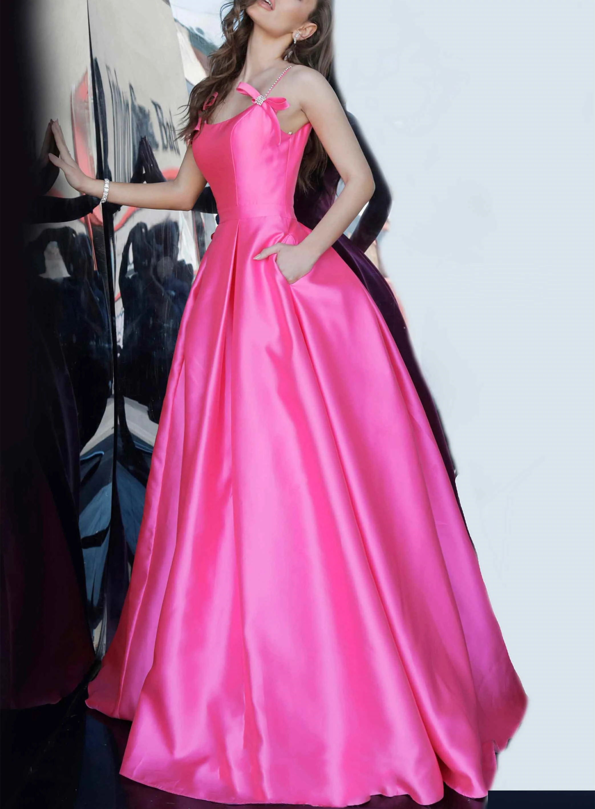 JaneVini Charming Hot Pink A Line Long Prom Dresses Spaghetti Straps 2020 Latest Design Sleeveless Satin Formal Women Prom Gowns