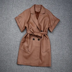 2023 Spring Leather Coat Women Sheepskin Lapel Short Sleeve Belt Casual Windbreaker Mujer Show Thin Elegant Chic Brown Manteau