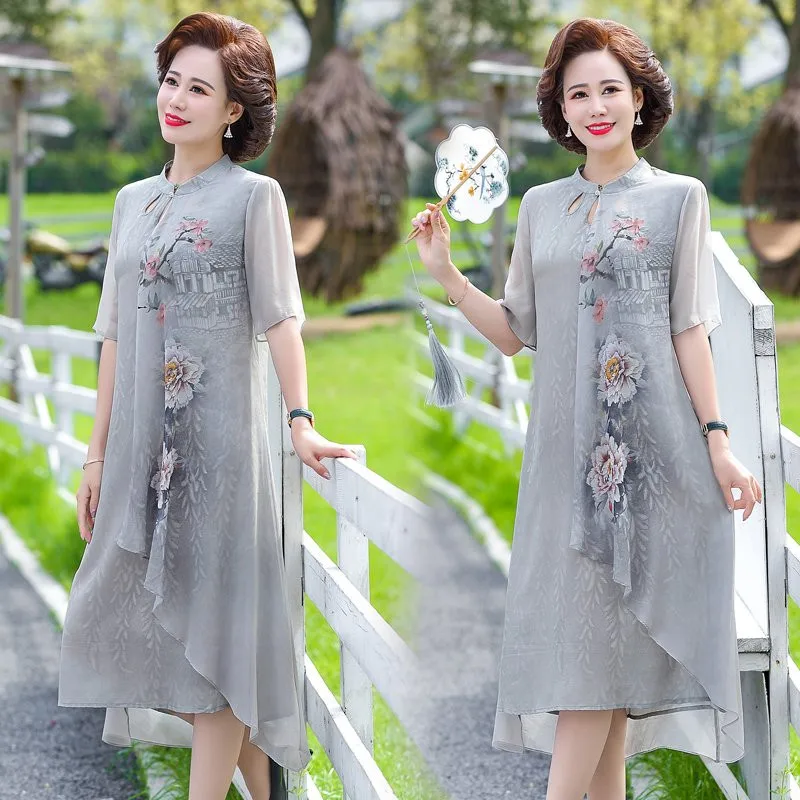 New Summer Silk Middle Aaged Women Chiffon Short Sleeve Midi Dress Female Elegant Mother  Dresses Vestitos