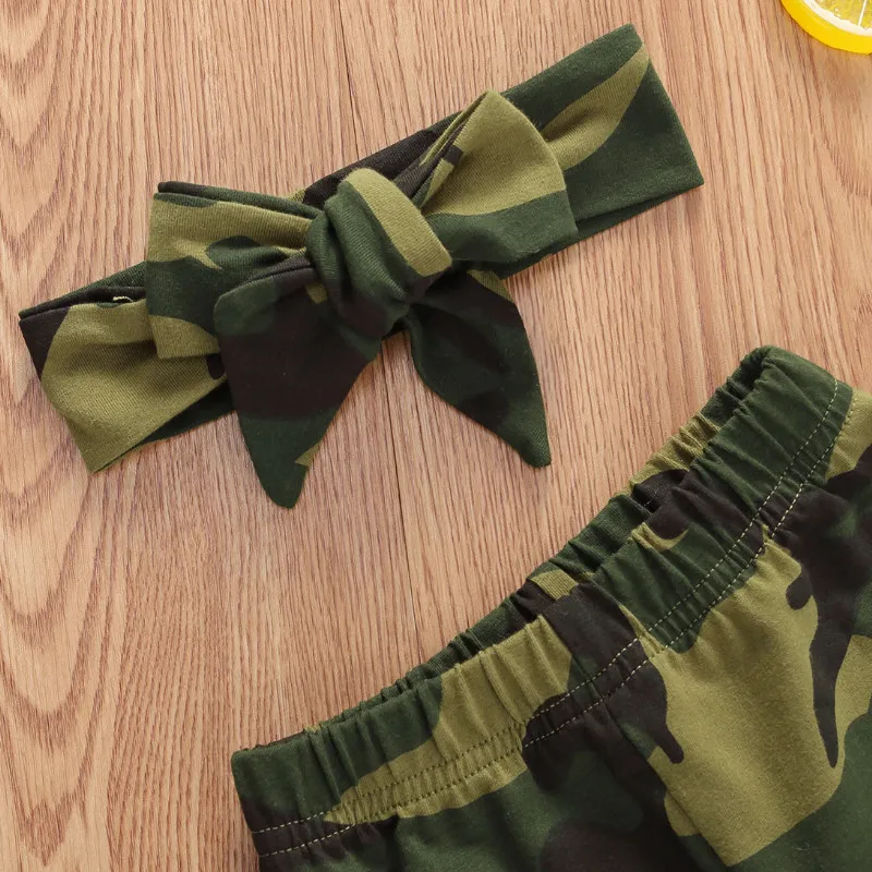 Baby Summer Clothing Baby Girls Boys Clothes Set Camouflage Short Sleeve Letter Printed Bodysuit Tops + Pants + Hat/Headband