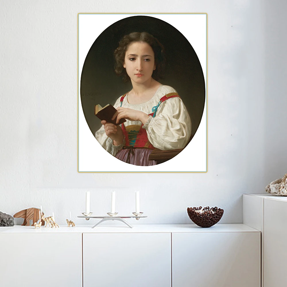 Citon William Adolphe Bouguereau《Le Livre D'Heures》Canvas Oil Painting Artwork Poster Picture Modern Wall Decor Home Decoration