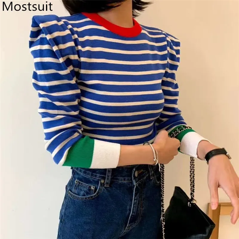 Korean Striped Color-blocked Knitted Sweaters Pullovers 2024 Autumn Winter Long Sleeve O-neck Tops Casual Fashion Ladies Jumpers