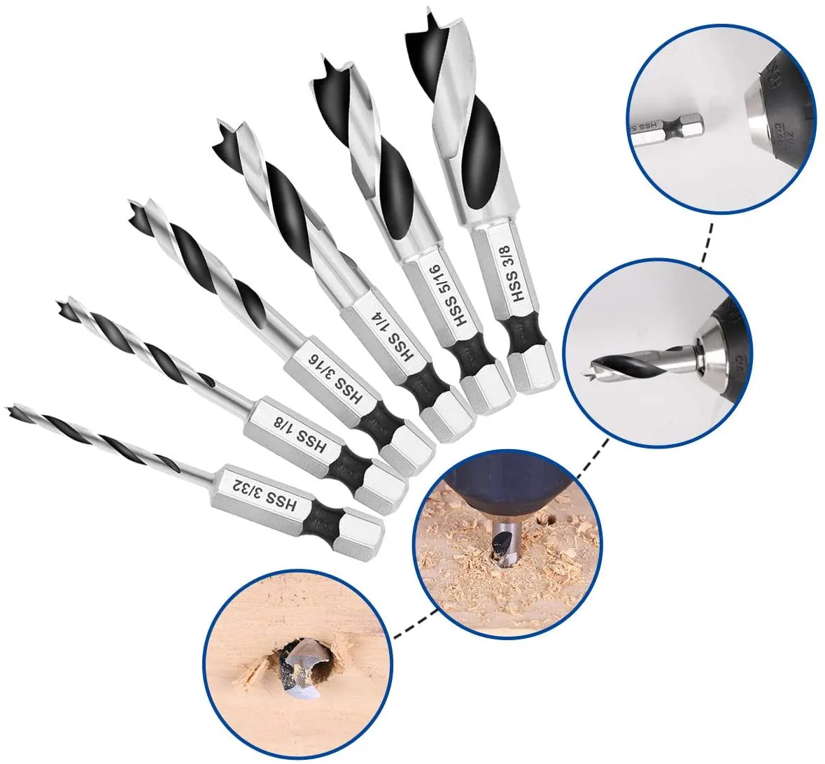 6pcs Brad Point Stubby Drill Bit Set For Wood With 1/4 Inch Quick Change Hex Shank Woodworking Tool