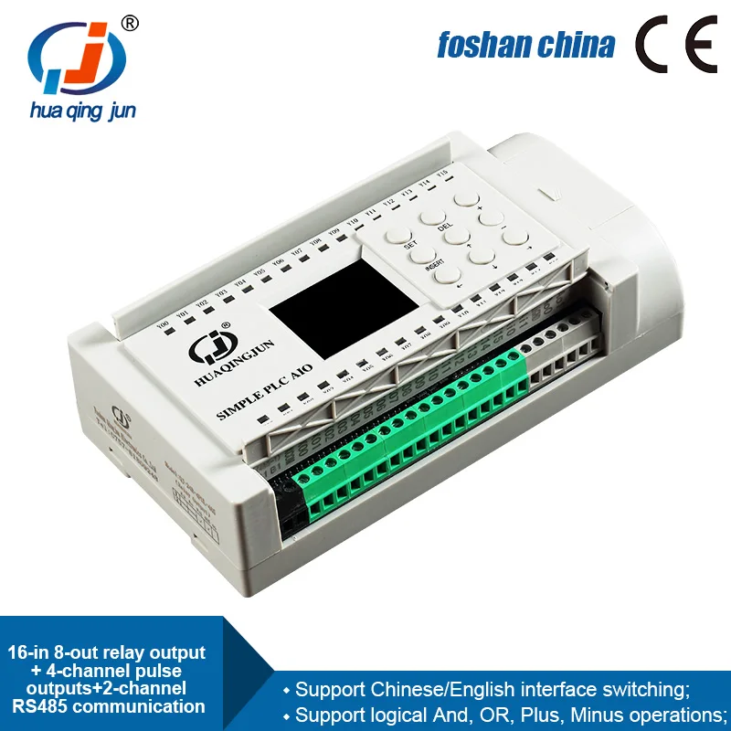 Huaqingjun 16DI 8DO Relay Output PLC 4-Channel Pulse Outputs RS485 Modbus RTU PLC for Stepper Motor