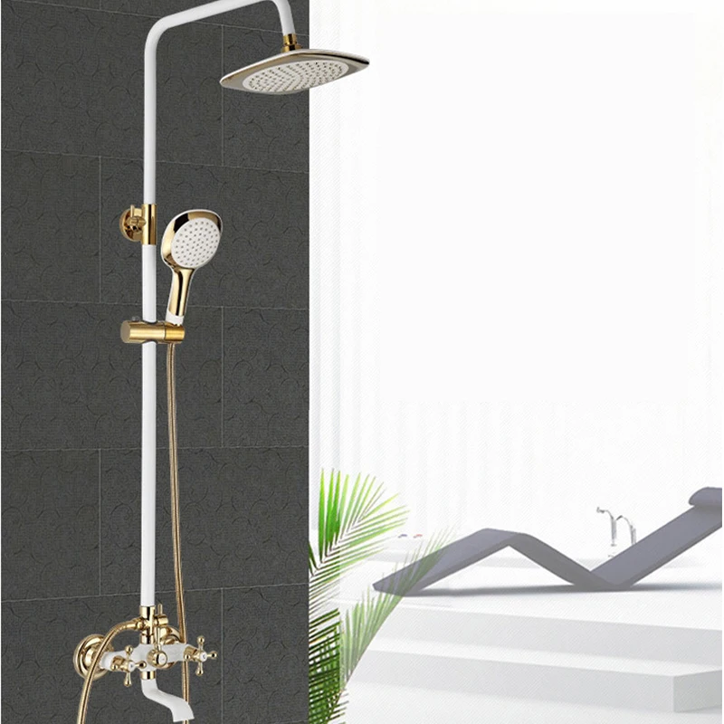 Modern Europe Style Brass White and Golden Shower Faucet Set Wall Mounted Dual Handle Shower Bath Mixer Tap ST341