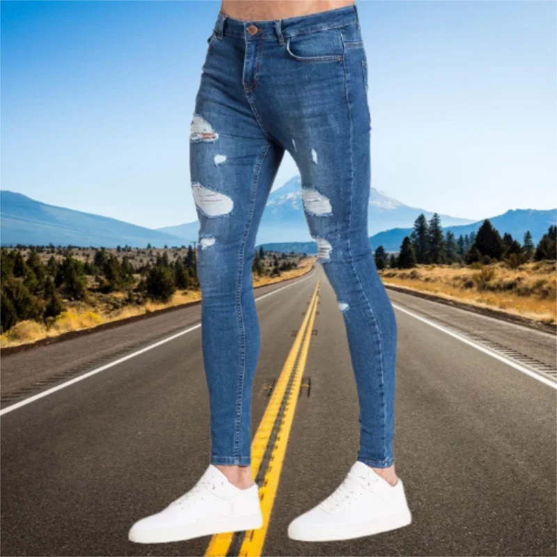 Wihte-pantalones vaqueros elásticos rasgados para hombre, Jeans ajustados de cintura elástica, ropa de calle de verano, pantalones de Joggers de