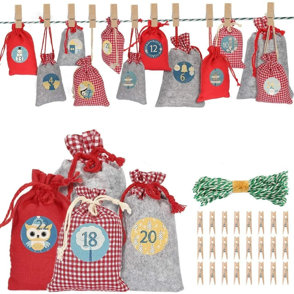 24 Advent Calendar for Filling Fabric Christmas Gift Bags with Advent Number Stickers Wooden Pegs for DIY Craft Set