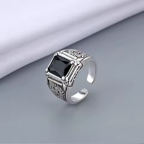New Arrival Retro Thai Silver Black Crystal Men Ring Original Jewelry For Man Birthday Gift Never Fade Cheap