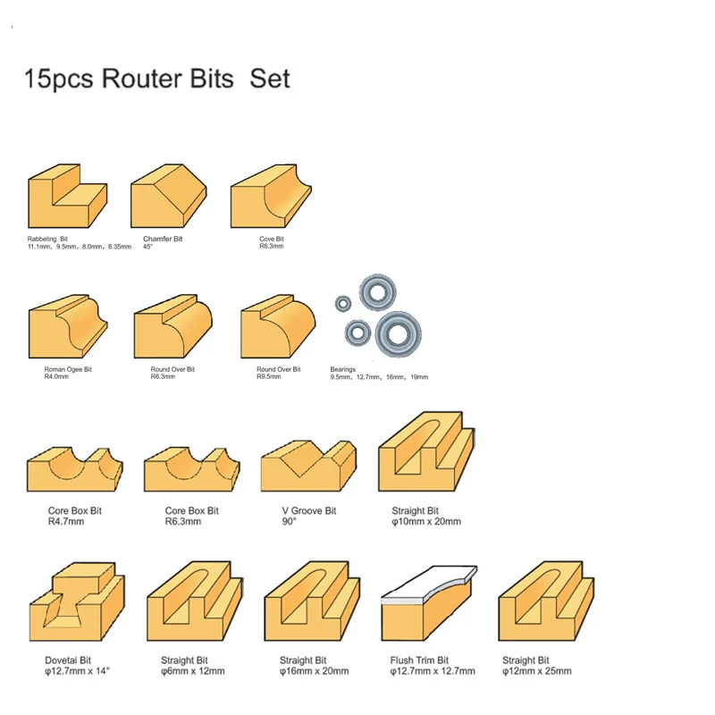 15PCS 1/4 1/2 8mm Shank DIY Woodworking Router Bits Set Milling Cutter for Wood Flush Straight Chamfer Trimming Engraving Tool